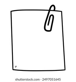 Hand drawn doodle a blank piece of paper with a paperclip isolated on a white background. Vector illustration.