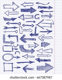 Hand drawn doodle blue arrow set on the notebook sheet
