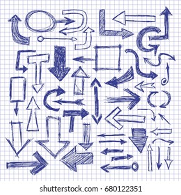 Hand drawn doodle blue arrow set on a checkbook