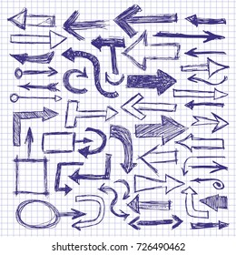 Hand drawn doodle blue arrow set on a checkbook