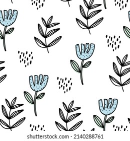 Hand drawn doodle blue green seamless wallpaper flowers. Cute line vector white pattern for paper, fabric, book, bedroom, children.