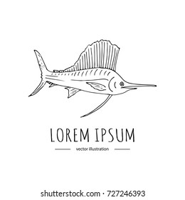 Hand drawn doodle Blue Marlin fish icon isolated on white background. Vector illustration, Fishing related icon - Colorful fish. Sketchy element. Cartoon catching wild fish Scales Spike fin Tale