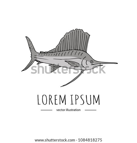 Hand drawn doodle Blue Marlin fish icon isolated on white background. Vector illustration, Fishing related icon - Colorful fish. Sketchy element. Cartoon catching wild fish Scales Spike fin Tale