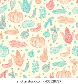 Hand Drawn Doodle Blue Pink Vegetables with spiral pattern Seamless pattern. Abstract striped different veggies. 