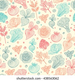 Hand Drawn Doodle Blue Pink Vegetables with spiral pattern Seamless background. Abstract striped different veggies. 