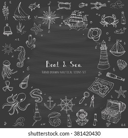 Hand drawn doodle Boat and Sea set Vector illustration boat icons sea life concept elements Ship symbols collection Marine life Nautical design Underwater life Sea animals Sea map Spyglass Magnifier