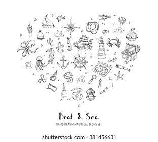 Hand drawn doodle Boat and Sea set Vector illustration boat icons sea life concept elements Ship symbols collection Marine life Nautical design Underwater life Sea animals Sea map Spyglass Magnifier