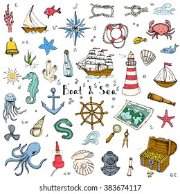 Hand drawn doodle Boat and Sea set Vector illustration boat icons sea life concept elements Ship symbols collection Marine life Nautical design Underwater life Sea animals Sea map Spyglass Magnifier