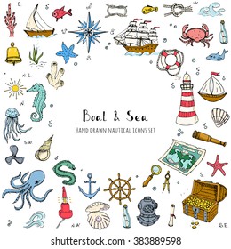 Hand drawn doodle Boat and Sea set Vector illustration boat icons sea life concept elements Ship symbols collection Marine life Nautical design Underwater life Sea animals Sea map Spyglass Magnifier