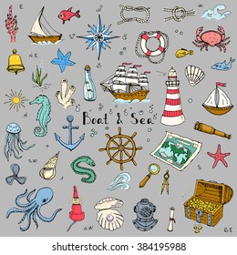 Hand drawn doodle Boat and Sea set Vector illustration boat icons sea life concept elements Ship symbols collection Marine life Nautical design Underwater life Sea animals Sea map Spyglass Magnifier