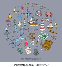 Hand drawn doodle Boat and Sea set Vector illustration boat icons sea life concept elements Ship symbols collection Marine life Nautical design Underwater life Sea animals Sea map Spyglass Magnifier
