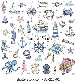 Hand drawn doodle Boat and Sea set Vector illustration boat icons sea life concept elements Ship symbols collection Marine life Nautical design Underwater life Sea animals Sea map Spyglass Magnifier