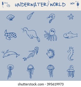 Hand drawn doodle Boat and Sea set Vector illustration boat icons sea life concept elements Ship symbols collection Marine life Nautical design Underwater life Sea animals Sea map Spyglass Magnifier