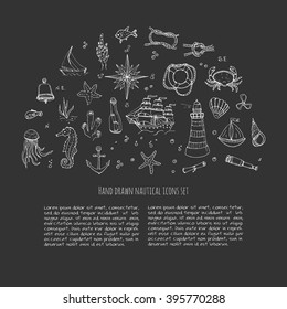 Hand drawn doodle Boat and Sea set Vector illustration boat icons sea life concept elements Ship symbols collection Marine life Nautical design Underwater life Sea animals Sea map Spyglass Magnifier