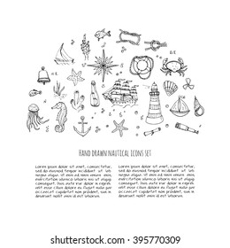 Hand drawn doodle Boat and Sea set Vector illustration boat icons sea life concept elements Ship symbols collection Marine life Nautical design Underwater life Sea animals Sea map Spyglass Magnifier