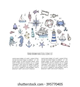 Hand drawn doodle Boat and Sea set Vector illustration boat icons sea life concept elements Ship symbols collection Marine life Nautical design Underwater life Sea animals Sea map Spyglass Magnifier