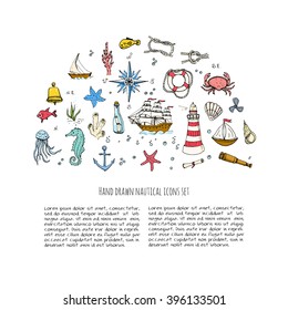 Hand drawn doodle Boat and Sea set Vector illustration boat icons sea life concept elements Ship symbols collection Marine life Nautical design Underwater life Sea animals Sea map Spyglass Magnifier