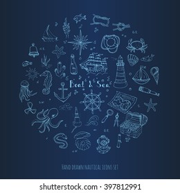 Hand drawn doodle Boat and Sea set Vector illustration boat icons sea life concept elements Ship symbols collection Marine life Nautical design Underwater life Sea animals Sea map Spyglass Magnifier