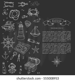 Hand drawn doodle Boat and Sea icons set. Vector illustration. Sea life concept elements. Ship symbols collection Marine life Nautical design Underwater life Sea animals Sea map Spyglass Magnifier