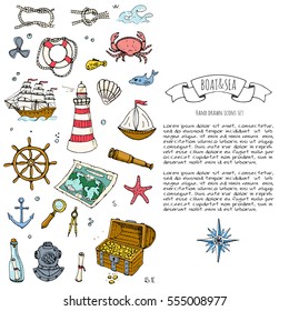 Hand drawn doodle Boat and Sea icons set. Vector illustration. Sea life concept elements. Ship symbols collection Marine life Nautical design Underwater life Sea animals Sea map Spyglass Magnifier