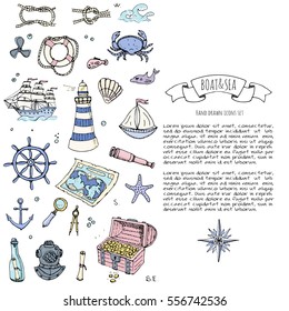 Hand drawn doodle Boat and Sea icons set. Vector illustration. Sea life concept elements. Ship symbols collection Marine life Nautical design Underwater life Sea animals Sea map Spyglass Magnifier