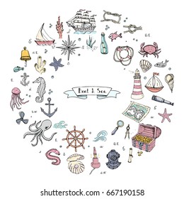 Hand drawn doodle Boat and Sea set. Vector illustration. Icons sea life concept elements. Ship symbols collection Marine life Nautical design Underwater life Water animals Ocean map Spyglass Magnifier