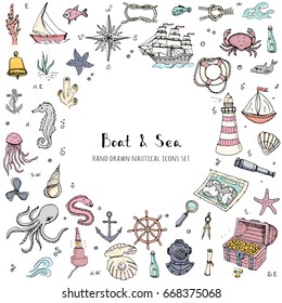 Hand drawn doodle Boat and Sea set Vector illustration boat icons sea life concept elements Ship symbols collection Marine life Nautical design Underwater life Sea animals Sea map Spyglass Magnifier