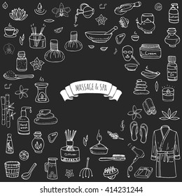 Hand drawn doodle body massage and Spa icon set. Vector illustration relaxing symbols collection Cartoon beauty skin care concept elements Healthcare Wellness treatment Lifestyle Bathrobe Cream Lotion