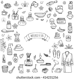 Hand drawn doodle body massage and Spa icon set. Vector illustration relaxing symbols collection Cartoon beauty skin care concept elements Healthcare Wellness treatment Lifestyle Bathrobe Cream Lotion