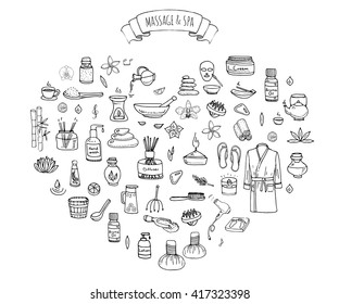 Masaje cuerpo de doodle dibujado a mano y conjunto de iconos Spa. Ilustración vectorial símbolos relajantes colección Dibujo de belleza cutáneo elementos de cuidado de la salud Tratamiento de bienestar estilo de vida Albornoz Crema Loción