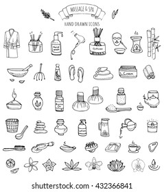 Hand drawn doodle body massage and Spa icon set. Vector illustration relaxing symbols collection Cartoon beauty skin care concept elements Healthcare Wellness treatment Lifestyle Bathrobe Cream Lotion