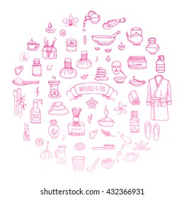 Hand drawn doodle body massage and Spa icon set. Vector illustration relaxing symbols collection Cartoon beauty skin care concept elements Healthcare Wellness treatment Lifestyle Bathrobe Cream Lotion