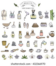 Hand drawn doodle body massage and Spa icon set. Vector illustration relaxing symbols collection Cartoon beauty skin care concept elements Healthcare Wellness treatment Lifestyle Bathrobe Cream Lotion