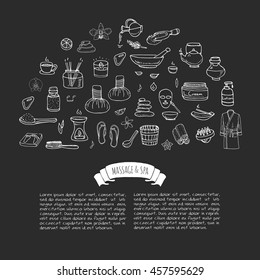 Hand drawn doodle Body Massage and Spa icon set. Vector illustration. Relaxing symbols collection. Cartoon beauty skin care elements: Bathrobe, Cream, Lotion. Wellness treatment. Healthcare concept.