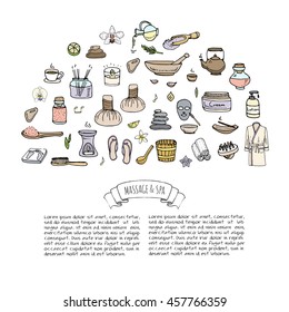 Hand drawn doodle Body Massage and Spa icon set. Vector illustration. Relaxing symbols collection. Cartoon beauty skin care elements: Bathrobe, Cream, Lotion. Wellness treatment. Healthcare concept.