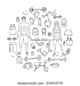 Hand drawn doodle Bodybuilding set Vector illustration sport icons Body building elements Fitness symbols collection Sport equipment Fitness and gym design Strong man and fit woman Weight lifting gear
