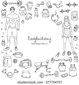 Hand Drawn Doodle Bodybuilding Set Vector Illustration Sport Icons Body Building Elements Fitness Symbols Collection Sport Equipment Fitness And Gym Design Strong Man And Fit Woman Weight Lifting Gear