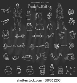 Hand drawn doodle Bodybuilding set Vector illustration sport icons Body building elements Fitness symbols collection Sport equipment Fitness and gym design Strong man and fit woman Weight lifting gear