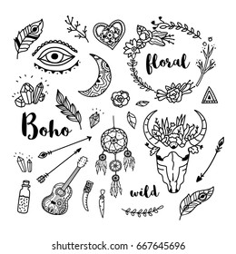 Hand drawn doodle boho ethnic design elements. Set of bohemian style illustrations with flowers, feathers, arrows cow skull, guitar and crystals.