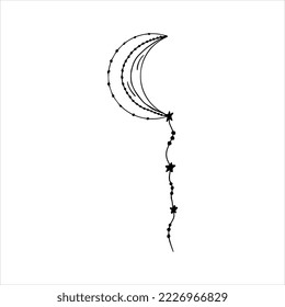 Hand drawn doodle boho moon crescent decorated with stars, beads and threads. Isolated on white background

