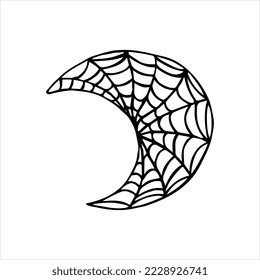 Hand drawn doodle boho moon crescent decorated with spiderweb. Isolated on white background