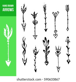 Hand drawn doodle, boho, rustic arrows set. Tribal, indian, american, aztec, ethno, hipster, native ornament elements collection for invitation letter, cards, posters, websites, scrapbooking design