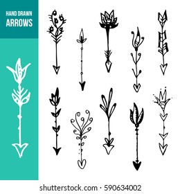 Hand drawn doodle, boho, rustic arrows set. Tribal, indian, american, aztec, ethno, hipster, native ornament elements collection for design invitation letter, cards, posters