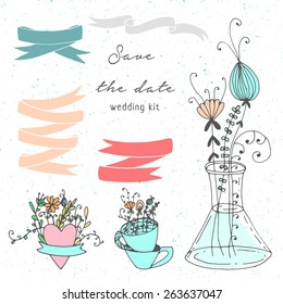 hand drawn doodle boho wedding kit with  mason jars and ribbons. Pastel colors.
