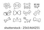 Hand drawn doodle bone for dogs set. Outline isolated drawing bones on white background. Line bone icons. . Vector illustration