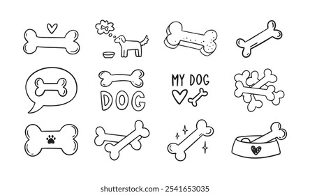 Dibujado a mano doodle hueso para perros conjunto. Esquema de huesos de dibujo aislados sobre fondo blanco. Iconos de hueso de línea. . Ilustración vectorial