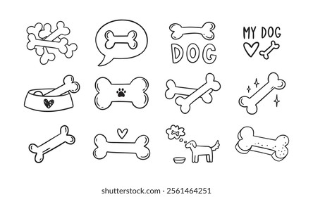 Hand drawn doodle bone for dogs set. Outline isolated drawing bones on white background. Line bone icons. . Vector illustration