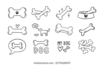 Hand drawn doodle bone for dogs set. Outline isolated drawing bones on white background. Line bone icons. . Vector illustration