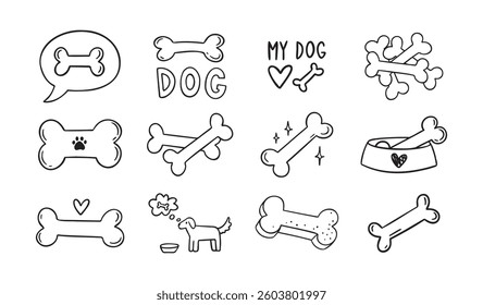 Hand drawn doodle bone for dogs set. Outline isolated drawing bones on white background. Line bone icons. . Vector illustration