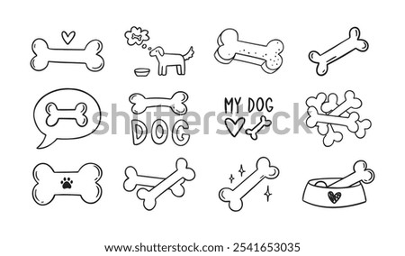 Hand drawn doodle bone for dogs set. Outline isolated drawing bones on white background. Line bone icons. . Vector illustration